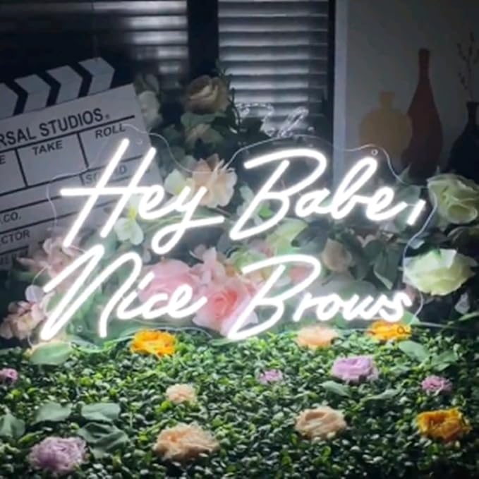 Large Hey Babe Nice Brows Neon Sign Custom Neon Sign Led Light Beauty Room Salon Brows Room Wall Decor Personalized Gift Welcome Sign Neon Art Size:23.5inch
