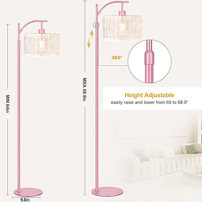 Pink Floor Lamp for Living Room,Bedroom,Gold Dimmable Standing Lamp with Remote,Mid Century Modern Brass Tall Lamp Boho Floor Lamps Arc Stained Glass Flower Floor Light Lamp Girls kids Bohemian