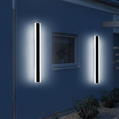 2 Pack Modern Outdoor Wall Sconce, 31.4inch LED Outside Wall Light Fixture, IP65 Waterproof, 6000K Cold White, Black Minimalist Exterior Lighting Patio Lamps for House, Porch, Garage