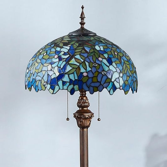 Blue Glass Tiffany Floor Lamp Baroque Vintage Standing Lamp with Pull Chain Traditional Stained Glass Floor Standing Reading Light for Living Room Bedroom Home Office Farmhouse