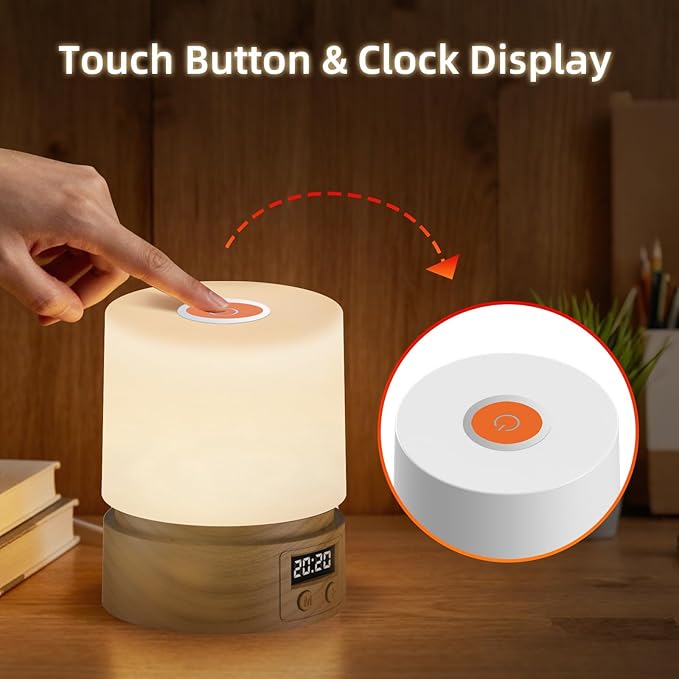 Nursery Night Light with Clock for Kids, Touch Lamp Bedside Desk Lamp, Portable Breastfeeding Night Lamp for Baby, 3 Color Stepless Dimming Up for Restaurant,Bedroom,Rechargeable (Wood Grain)
