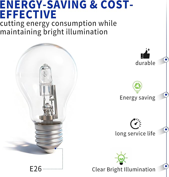 043168787963 78796 Halogen Light Bulb for A19 Types 43 Watt 120V 60 Watt Replacement E26 Thread for Table Lamps 4PCS