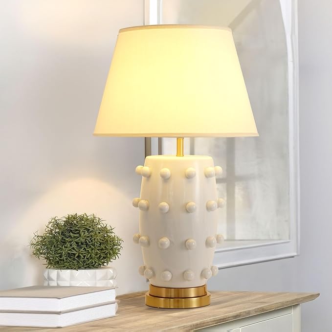 Modern Ceramic Linden Table Lamp - 30" White Ball Farmhouse Design, Classic Nightstand Large Linden Lamp Tapered Drum Shade for Living Room, Bedroom, Office, and Home （White）