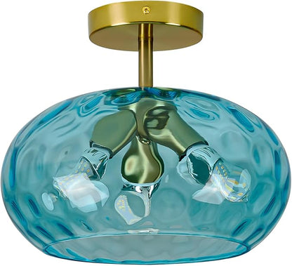 Blue Glass Semi Flush Mount Ceiling Light - 12 Inch Hammered Glass Hallway Light fixtures Ceiling, Vintage Gold Flush Mount Ceiling Light,Mid Century Light Fixture for Bedroom Entryway Kitchen