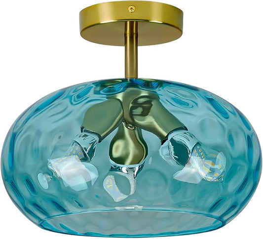 Blue Glass Semi Flush Mount Ceiling Light - 12 Inch Hammered Glass Hallway Light fixtures Ceiling, Vintage Gold Flush Mount Ceiling Light,Mid Century Light Fixture for Bedroom Entryway Kitchen