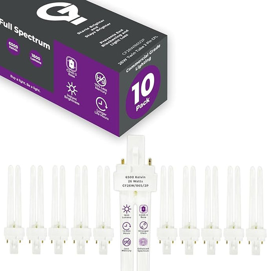 GoodBulb 26 Watt CFL Light Bulbs 2 Pin G24D-3 Base 6500K Full Spectrum 26W High Output 1800 Lumens Double Tube Compact Fluorescent Light Bulbs Plug-in 10 Pack
