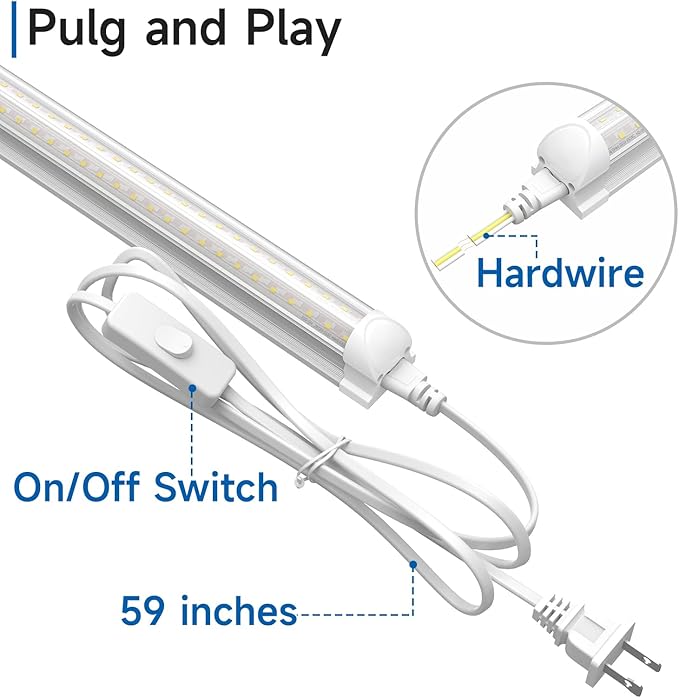 SHINESTAR 8FT 20-Pack LED Shop Light, Linkable T8 Tube Light Fixture for Garage, Basement, Office, 9000LM Super Bright, Daylight White 5000K, Plug and Play