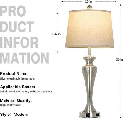 30 Inch Single Silver Table Lamp, 3-Way Dimmable Touch Bedroom Lamp with USB A+C Ports and AC Outlet, Modern Metal Brushed Nickel Living Room Lamp, Bedside Lamp for Nightstand Guest Room End Table