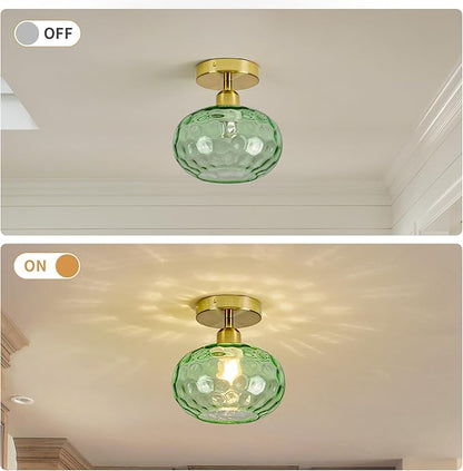 Green Glass Semi Flush Mount Ceiling Light - 7.9 Inch Hammered Art Deco Glass Small Hallway Light fixtures, Vintage Gold Flush Mount Ceiling Light for entryway Foyer Laundry Room Kitchen