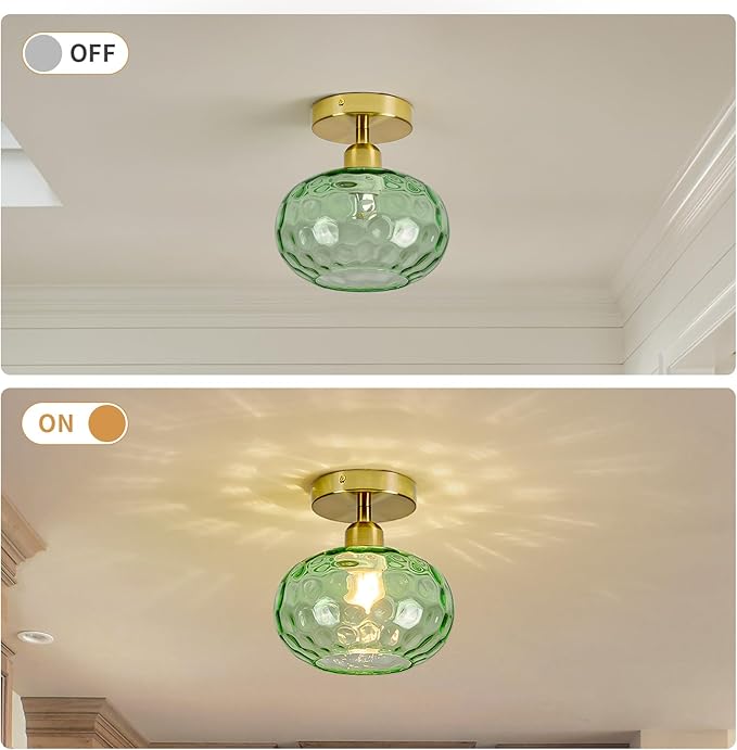 Green Glass Semi Flush Mount Ceiling Light - 2 Pack,7.9 Inch Hammered Glass Hallway Light fixtures Ceiling, Vintage Gold Art Deco Ceiling Light for entryway Foyer Laundry Room Kitchen