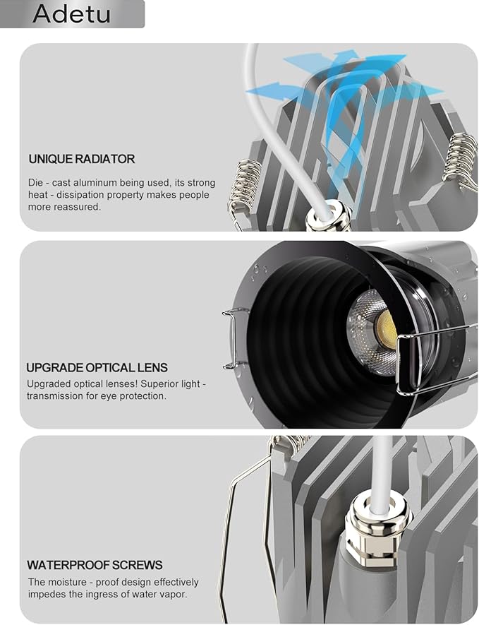 Adetu 2 Inch 5CCT Black LED Recessed Ceiling Light with Junction Box, 2700K/3000K/4000K/5000K Selectable, CRI90, 8W COB, 780LM, Dimmable Canless IP65 Waterproof Downlight-ETL&FCC (Black, 6 Packs)