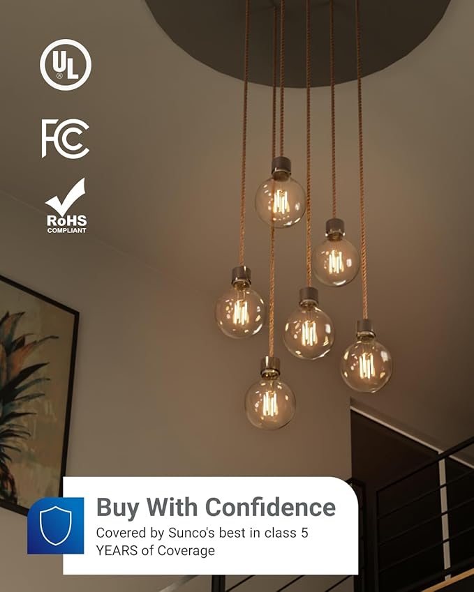 Sunco 10 Pack G25 Globe Light Bulbs LED Edison Vanity Light Bulbs, CRI90 2700K Soft White, Dimmable, 5W=60W, Clear Vintage Filament Globe, 500 Lumens, E26 Base Indoor Outdoor Clear UL