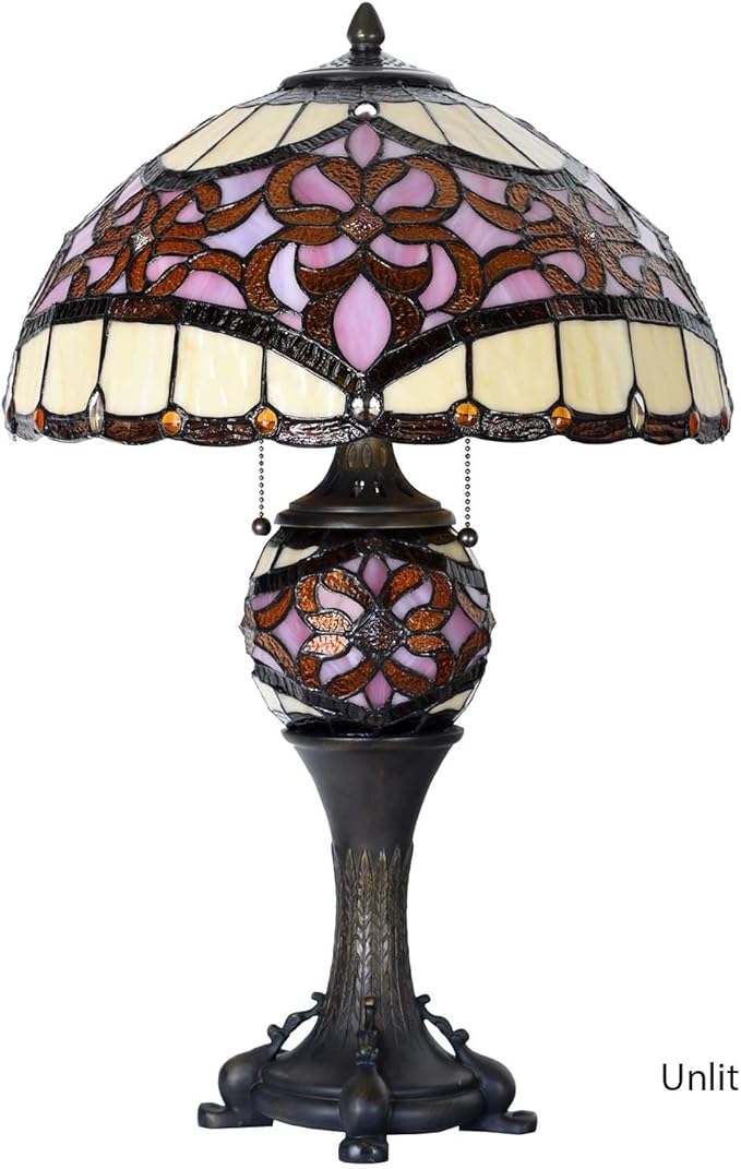 Bieye L10912 Baroque Tiffany Style Stained Glass Table Lamp Lighted Base for Living Room Bedside Home Decoration (Pink, 16-inch)