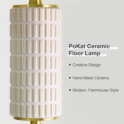 PoKat Gold Ceramic Floor Lamp for Living Room Bedroom, 64" Modern Standing Lamp with Rotary Switch, Tall Living Room Lamp Decor for Reading Corner, Home Office, Nursery, Brushed Gold