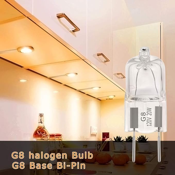 G8 Halogen Light Bulbs 20W 120V Under Cabinet Lighting Replacements 2Pin 2700K Warm White (Pack of 10)