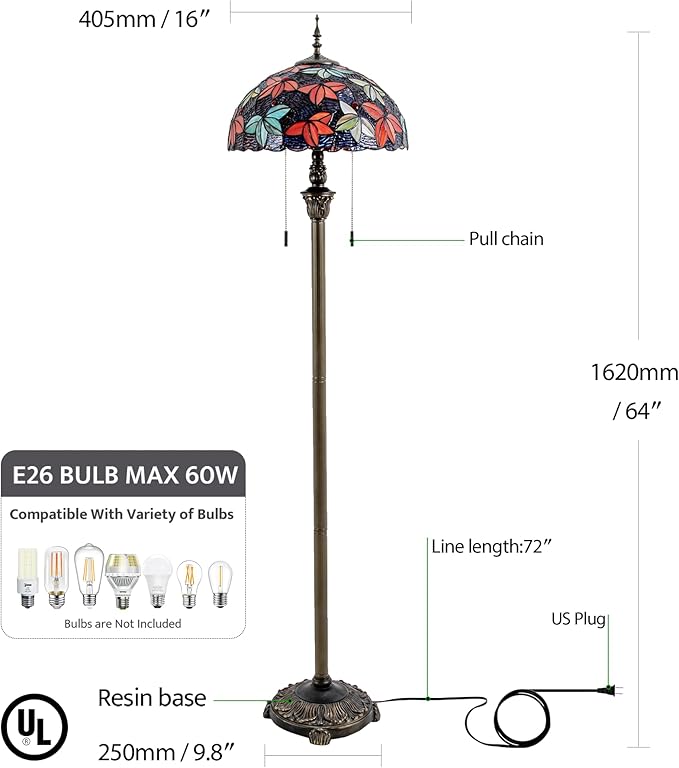 Tiffany Floor Lamp, 16" Stained Glass Maple Leaf Shade with Antique Bronze Base, 2-Light E26 Pull Chain Standing Reading Light for Living Room Bedroom16x16x64 Inches (Purple Blue Maple Leaf)