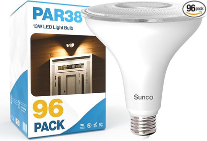 Sunco 96 Pack Outdoor LED Flood Home Patio Driveway Light, Waterproof PAR38 LED Bulb, CRI90, 4000K Cool White, 1050 Lumens, 100W Equivalent 13W, Dimmable, Wet-Rated, E26 Base UL.