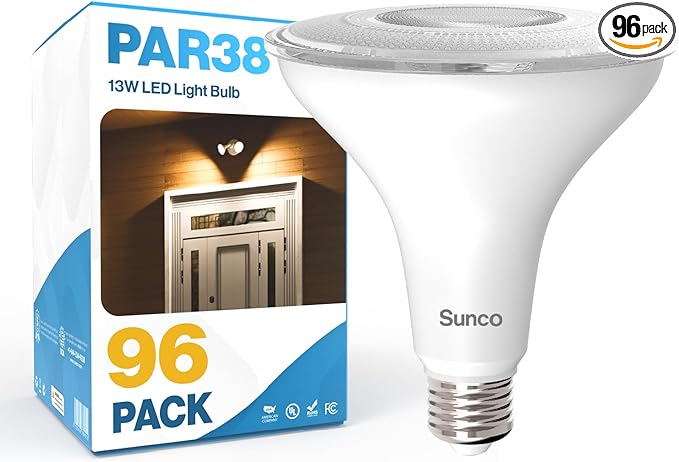 Sunco 96 Pack Outdoor LED Flood Home Patio Driveway Light, Waterproof PAR38 LED Bulb, CRI90, 2700K Soft White,1050 Lumens, 100W Equivalent 13W, Dimmable, Wet-Rated, E26 Base UL
