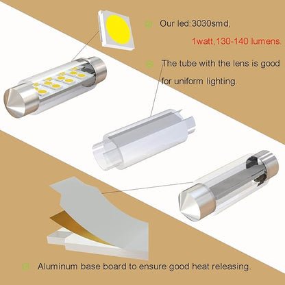 43mm 44mm 578 Festoon LED Bulbs,211-2 212-2 LED Bulb Natural White 4500k,6413 6451 6429 DC 24V for Truck Interior Reading Map Glove box Lights (Pack 12)