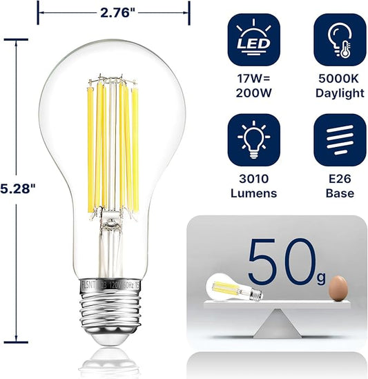 FLSNT 200W Equivalent A23 LED Light Bulbs, Efficient 17W, 3010Lumens, 5000K Daylight, CRI82, E26 Medium Base, Clear Glass, 4 Pack, Non-Dimmable