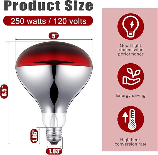 VIHOSE 3 Pack 250 Watt Heat Lamp 120v R40 Heat Lamp Bulbs Glass Incandescent Light Bulbs Incandescent Heating Lightbulbs for Reptiles Chicks Food Puppies Bathroom, Use E26 Base (Red)