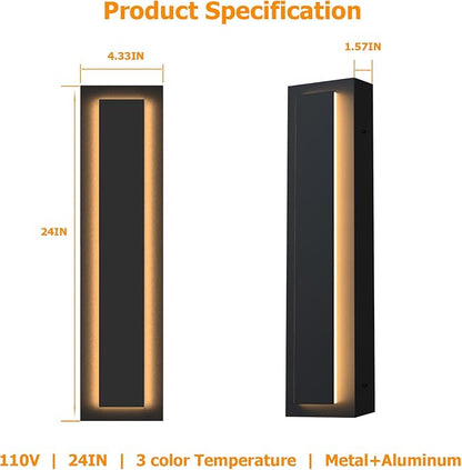 Picico 24in Modern LED Outdoor Wall Lights, Dimmable Black Exterior Wall Sconce Lighting Fixtures, Rectangular Mini Outdoor Garage Lights, 360° Beam Angle,Vertical Outdoor Lights for House Porch