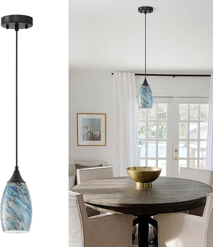 ANYLOVE Vintage Art Pendant Blue Pebble Lighting,1-Pack Hand Glass Hanging Light Fixture,Adjustable Cord for Kitchen,Hallway,Dining Room