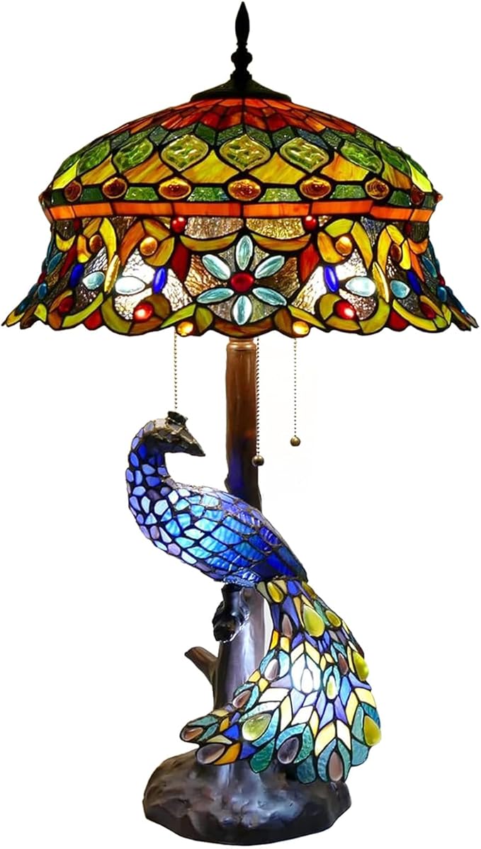 Large Tiffany Table Lamp 18" Wide Handmade Stained Glass Lamp Shade 3 Light Peacock Style Vintage Desk Light for Living Room Bedroom Bedside Reading Light,Hat