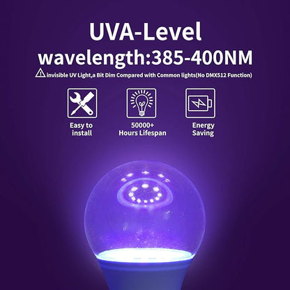 Ontesik A19 LED Black Light Bulbs,E26/E27 Base Dimmable Black Lights,12W UVA Level 395NM, Halloween Light Bulbs，Glow in The Dark，Fluorescent Poster, Body Paint,Neon Glow Party