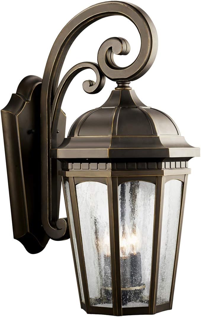 Kichler Courtyard 3-Light Outdoor Wall Light in Rubbed Bronze Finish with Clear Seeded Glass Shades for Porch, Patio and Garage Entryways, (22.25" H x 10.5" W) 9034RZ