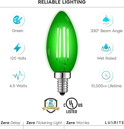 LUXRITE E12 LED Filament Green Light Bulb, 4.5W (40W Equivalent), Colored Glass Candelabra Bulb, UL Listed, E12 Base, Indoor Outdoor, Porch, Decoration, Party, Holiday, Event, Home Lighting (3 Pack)