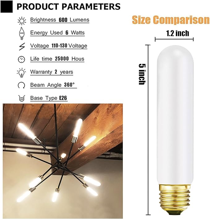 Leools T10 Led Frosted Bulb,e26 Dimmable Tubular LED Light Bulb, 8W Equal 60 watt Light Bulb 3000K Soft White,CRI90+,600LM,E26 Base Matt Opal Porcelain,5.1inches Long Bulbs,6 Packs