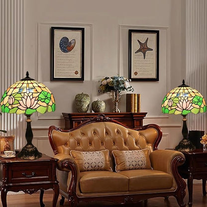 Tiffany Side Table Lamps for Living Room W/LED Bulb Lotus Flower Stained Glass Shade Bedside End Table Lamp 12X12X19Inch Desk Lamps for Home Office Classic Farmhouse Reading Table Lamps