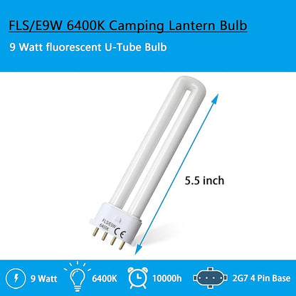 (2PACK FLS/E9W Fluorescent Bulb,Replacement for Camping Lantern Bulb,4 Pin 2G7 Base,5.5 inch Special Size,6400K