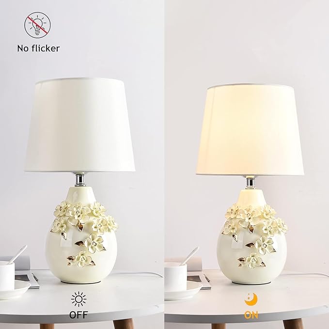 Modern Flower White Table Lamp 17.7" Ceramic Table Lamps Farmhouse Carving with Textured Floral Vase Drum Shade for Living Room Bedroom House Bedside Nightstand Home Office