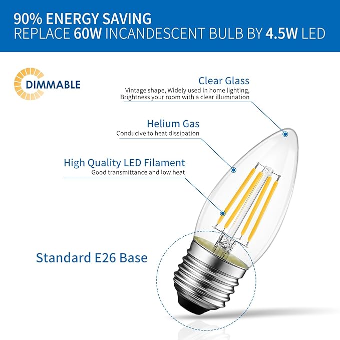 ANWIO 12 Pack B11 LED Filament Bulb E26 Candelabra Base 4.5W(60W Equivalent), Dimmable 2700K Warm White Chandelier Decorative Candle Light Bulb