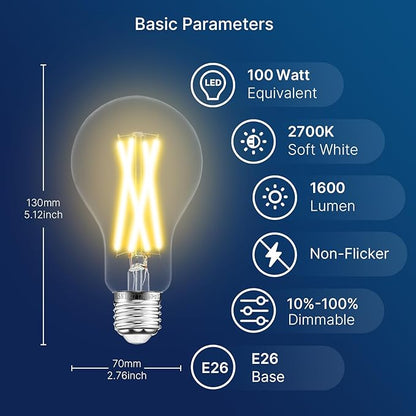 FLSNT 100W Equivalent LED Edison Bulbs, 12W Dimmable A21 LED Light Bulbs, 1600LM, 2700K Soft White, CRI90, E26 Base, 8 Pack