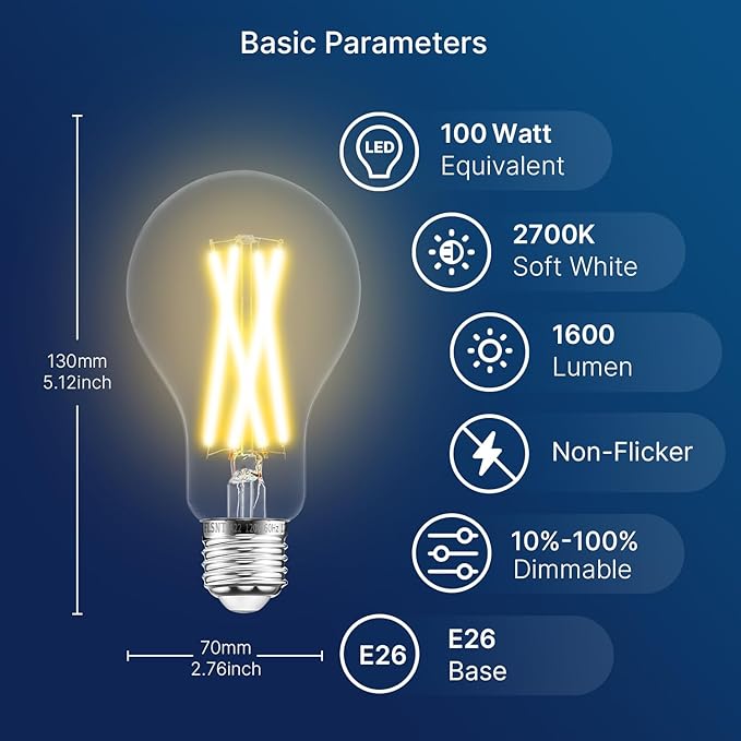 FLSNT 100W Equivalent Dimmable A21 LED Light Bulbs, Efficient 12W, 1600Lumens, 2700K Soft White, CRI90, E26 Medium Base, Clear Glass, 4 Pack
