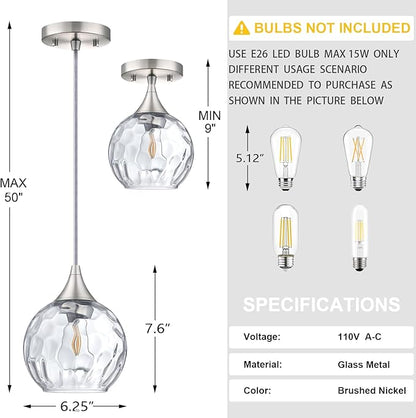 Doraimi Lighting 6.25" Texture Glass Pendant Light 3 Pack Pendant Ceiling Light Fixtures Brushed Nickel Finish Modern Farmhouse Dinning Over Sink Adjustable Height Cord
