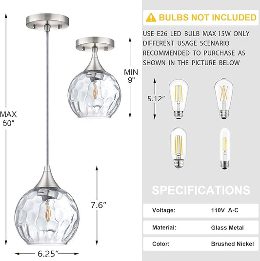 Doraimi Lighting 6.25" Texture Glass Pendant Light 3 Pack Pendant Ceiling Light Fixtures Brushed Nickel Finish Modern Farmhouse Dinning Over Sink Adjustable Height Cord