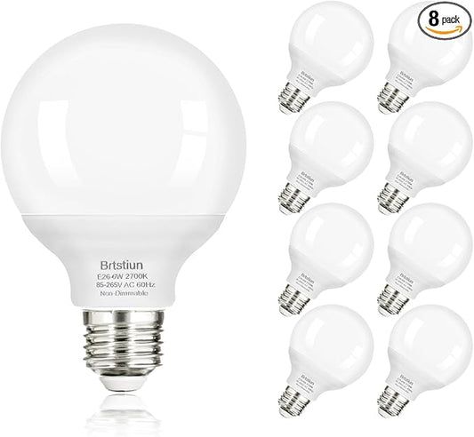 G25 LED Light Bulb, Round Vanity Light Bulbs for Bathroom, 40W Equivalent, Soft White 2700K, E26 Base Globe Light Bulbs, 600LM, Non-Dimmable, 8-Pack