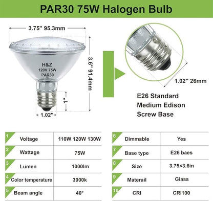 H&Z PAR30 Short Neck, 2 Pack PAR30 75W 120V with E26 Medium Base, PAR 30 Halogen Dimmable, 3000K Warm White, High Efficiency & Long Lasting Life PAR 30 Flood Light for Track Lighting Bulbs