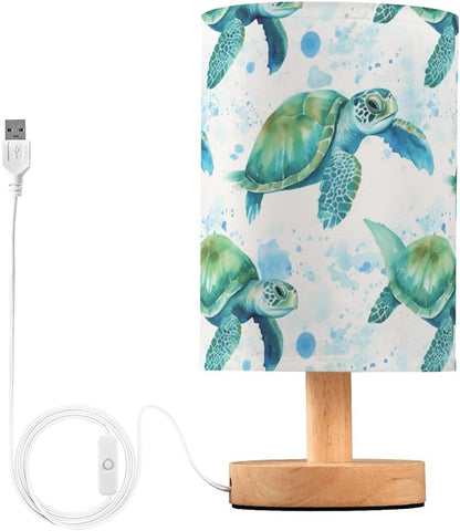 Bedside Lamp Sea Turtles Teal Table Lamp for Bedroom LED Nightstand Lamp Shade USB Ports Wood Base for Living Room Dorm Office