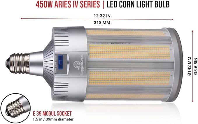 RuggedGrade Aries IV Series 450W LED Corn Light Bulb | 68,000 Lumens | 277-480V | Color Selectable 3000K/4000K/5000K | E39 Base | Energy Efficient LED Light | DLC 5.1 Premium