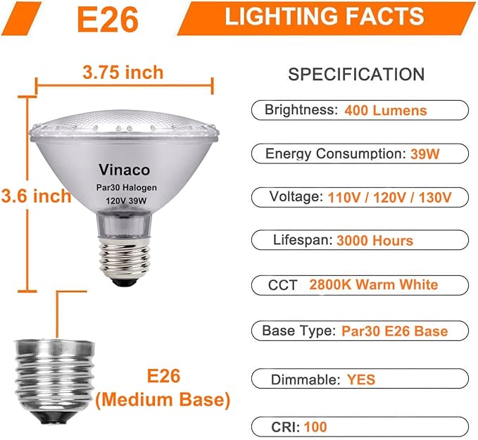 Vinaco PAR30 Short Neck 39W, 6 Pack High Output PAR30 Halogen Flood Light Warm White 2800K, PAR 30 Dimmable, Long Lasting par30 Flood Light Bulb 120V with E26 Base for Indoor/Outdoor