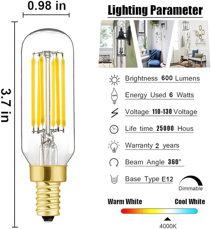 XININSUN T6 LED Bulb Dimmable 6W Equal Daylight White 4000K T6 T25 E12 Candelabra Led Light Bulb 60 watt for Chandeliers,Ceiling Fan,Wall sconces AC120V 600LM e12 Led Bulb 6Pack