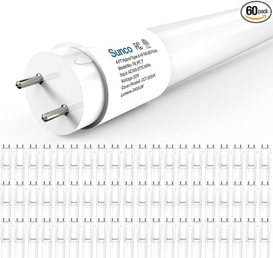 Sunco 60 Pack T8 LED Bulbs 4 Foot, 48 Inch Tube Light Bulbs Fluorescent Replacement, Single or Double Ended Hybrid Type A+B, 2400 LM, 20W, 5000K Daylight, Frosted Lens ETL