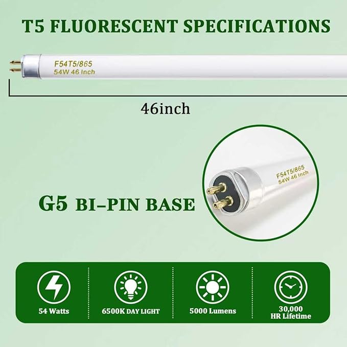 F54T5/865/HO 54 Watt 46 Inch T5 Fluorescent Tube Light Bulb, T5 54W Grow Light, 6500K Daylight, 5000 Lumens, High Output, G5 Bi-Pin Base, 12 Pack