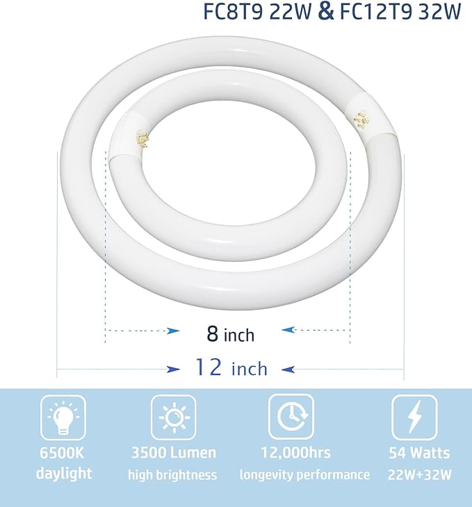 Circular Light Bulbs Set FC12T9-DL and FC8T9-DL Daylight Fluorescent Lamp,Circline 6500K 12inch T9 32Watts and 8inch 22Watts Replacement for Ceiling Light,12,000hrs Long Lifespans