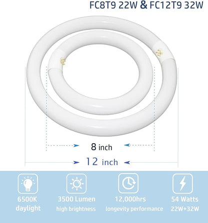 Circular Light Bulbs Set FC12T9-DL and FC8T9-DL Daylight Fluorescent Lamp,Circline 6500K 12inch T9 32Watts and 8inch 22Watts Replacement for Ceiling Light,12,000hrs Long Lifespans